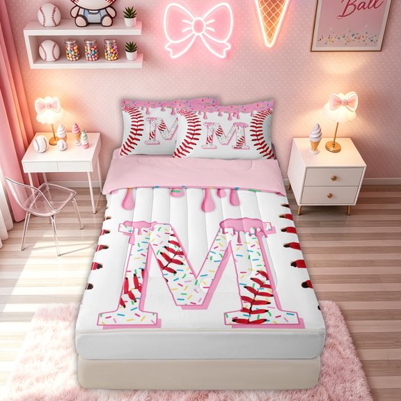 meiyoeat Pink Sport Sprinkle Baseball Zipper Twin Comforter Sets with Fitted Sheet and 2 Pillowcases for Boys Girls, Donut Ice Cream Initial M Zipper Bedding Set, Pink Reversible, 4 Pieces