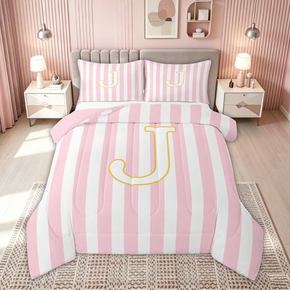 meiyoeat Pink Stripe Gold J Initial Full Size Comforter Sets, Classic Monogram Initial Bedding Comforter Set for Boys Girls, Pink Reversible, 3pcs, 1 Comforter and 2 Pillowcases