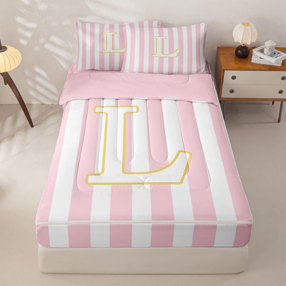 meiyoeat Pink Stripe Gold L Initial Zipper Comforter Set with Fitted Sheet and 2 Pillowcases, Classic Monogram Initial Zipper Bedding Set for Boys Girls, Pink Reversible, 3 Pieces