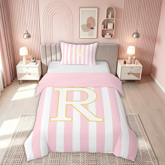 meiyoeat Pink Stripe Gold Letter R Twin Duvet Cover for Boys Girls, Cute Monogram Twin Bedding, Pink Reversible, 2 Pieces, 1 Duvet Cover and 1 Pillowcase