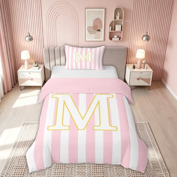 meiyoeat Pink Stripe Gold M Initial Twin Duvet Cover, Classic Monogram Initial Twin Bedding for Boys Girls, Pink Reversible, 2pcs, 1 Duvet Cover and 1 Pillowcase
