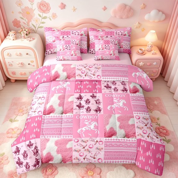 meiyoeat Pink Western Cowgirl 7-Piece Twin Bedding,Cow Print Patchwork Plaid Bedding Comforter Set,Pink Reversible