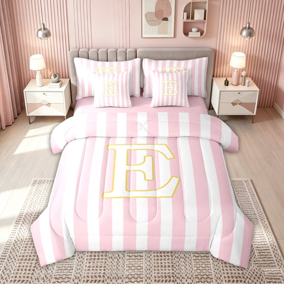 meiyoeat Pink White Stripe Gold E Initial Twin Bedding, Classic Monogram Initial Bedding Comforter Set for Boys Girls, Pink Reversible, 7-Piece