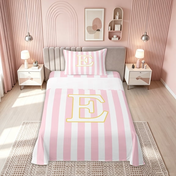 meiyoeat Pink White Stripe Gold E Initial Twin Sheets, Classic Monogram Initial Bedding for Boys Girls, Pink Reversible, 1 Flat Sheet, 1 Fitted Sheet and 1 Pillowcase