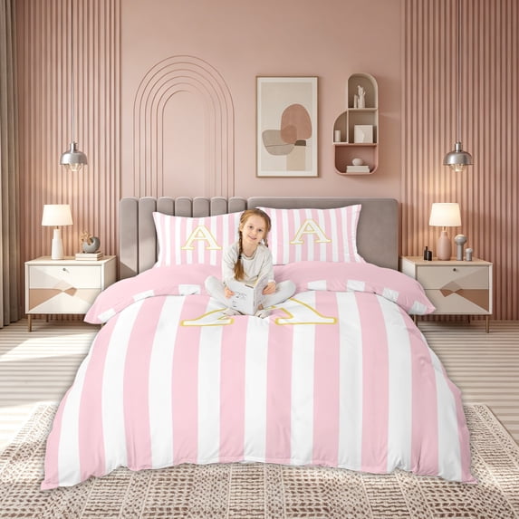 meiyoeat Pink White Stripe Gold A Initial Bedding, Classic Monogram Initial Duvet Cover Full for Boys Girls, Pink Reversible, 3pcs, 1 Duvet Cover and 2 Pillowcases