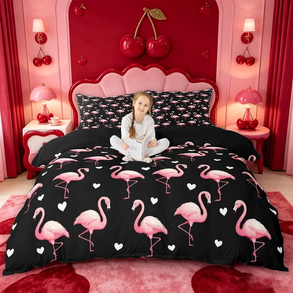 meiyoeat Pink Wild Flamingo Bedding,Tropical Animal Theme Duvet Cover Full For Girl,Reversible,3pcs,1 Duvet Cover and 2 Pillowcases