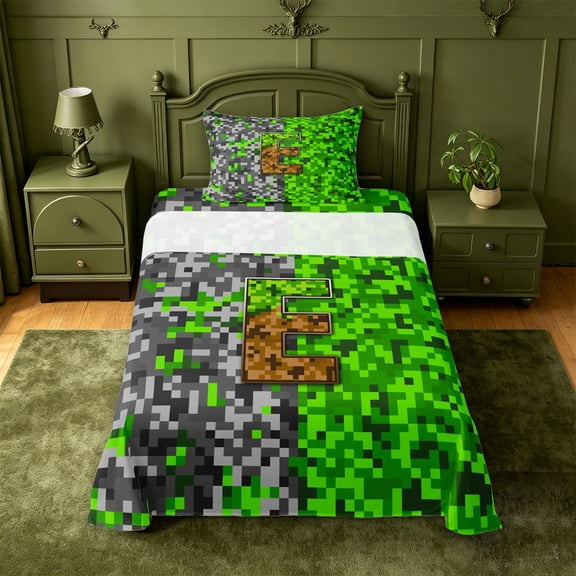 meiyoeat Pixel Adventure Game Print Twin Sheets For Boys,Personalized Initial Letter E Bedding,3-Piece,1 Fitted Sheet and 1 Pillowcase