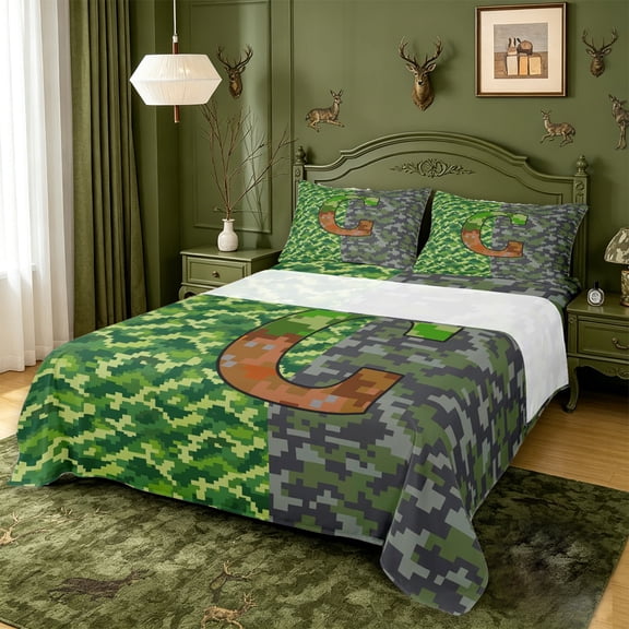 meiyoeat Pixel Game Monogrammed G Queen Sheets For Boys,Abstract Geometric Grid Camouflage Print Queen Sheet Sets,4 Pieces,1 Flat Sheet,1 Fitted Sheet And 2 Pillowcases