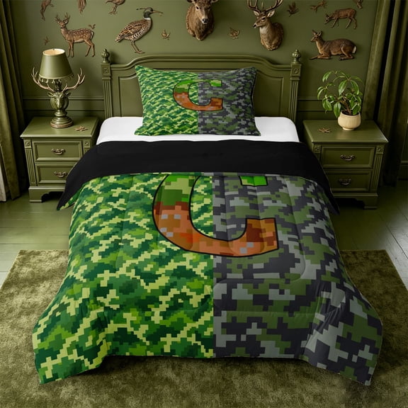 meiyoeat Pixel Game Monogrammed G Twin Comforter Sets For Boys,Abstract Geometric Grid Camouflage Print Bedding Set,Black Reversible,2pcs,1 Comforter and 1 Pillowcase