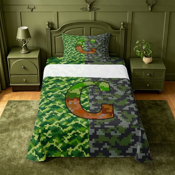 meiyoeat Pixel Game Monogrammed G Twin Sheets For Boys,Abstract Geometric Grid Camouflage Print Bedding,3pcs,1 Fitted Sheet and 1 Pillowcase