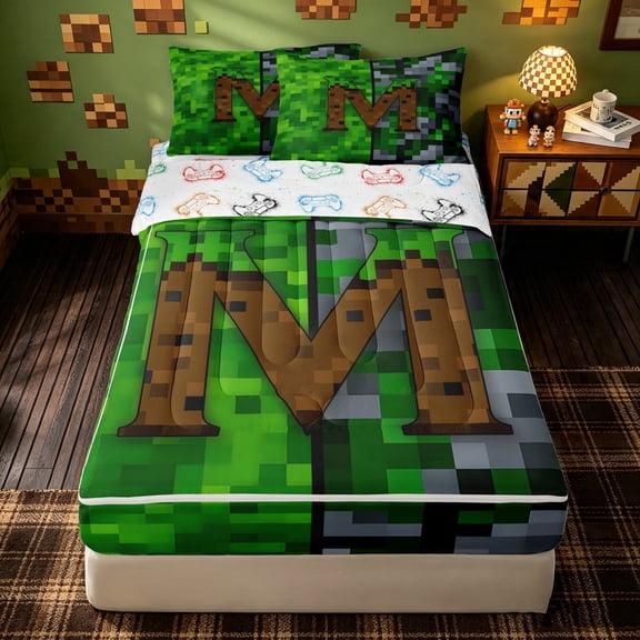 meiyoeat Pixel Game Monogrammed M Zipper Full Size Comforter Sets with Fitted Sheet and 2 Pillowcases for Girls Boys, Green Brown Sauqre Block Zipper Bedding Set, Gamepad Reversible, 4pcs