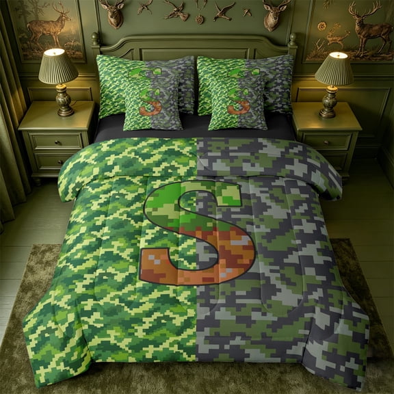 meiyoeat Pixel Game Monogrammed S 7-Piece Twin Bedding For Boys,Abstract Geometric Grid Camouflage Print Bedding Comforter Set,Black Reversible