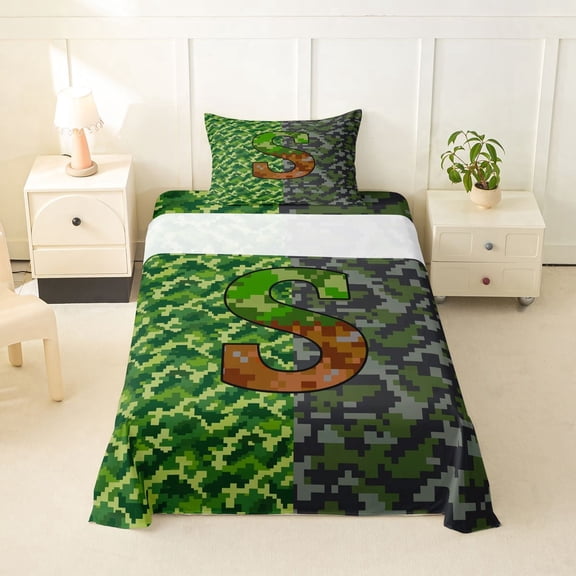 meiyoeat Pixel Game Monogrammed S Twin Sheets For Boys,Abstract Geometric Grid Camouflage Print Bedding,3-Piece,1 Fitted Sheet and 1 Pillowcase