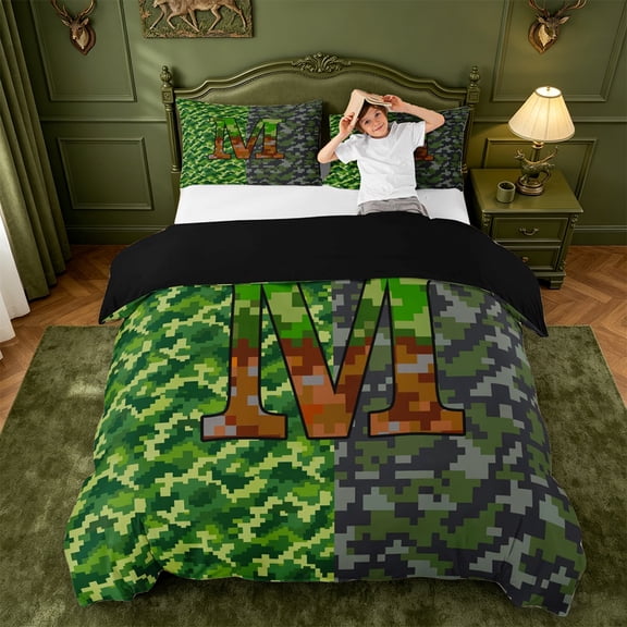 meiyoeat Pixel Gamepad Games Bedding For Boys,Grid Miner Theme Initial Alphabet M Duvet Cover Full,Black Reversible,3 Pieces,1 Duvet Cover and 2 Pillowcases