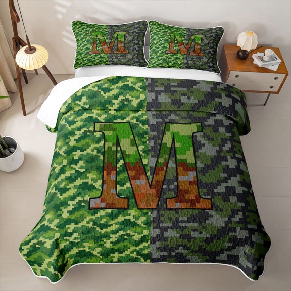meiyoeat Pixel Gamepad Games Quilt Full For Boys,Grid Miner Theme Initial Alphabet M Full Bedspread Sets,3pcs