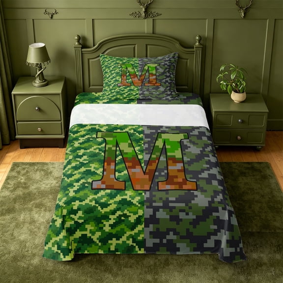 meiyoeat Pixel Gamepad Games Twin Sheets For Boys,Grid Miner Theme Initial Alphabet M Bedding,3-Piece,1 Fitted Sheet and 1 Pillowcase