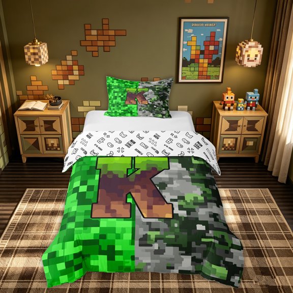 meiyoeat Pixel Grass K Initial Twin Duvet Cover for Boys, Gamer Block Monogram Twin Bedding, Green Brown, Gamepad Reversible, 2pcs, 1 Duvet Cover and 1 Pillowcase