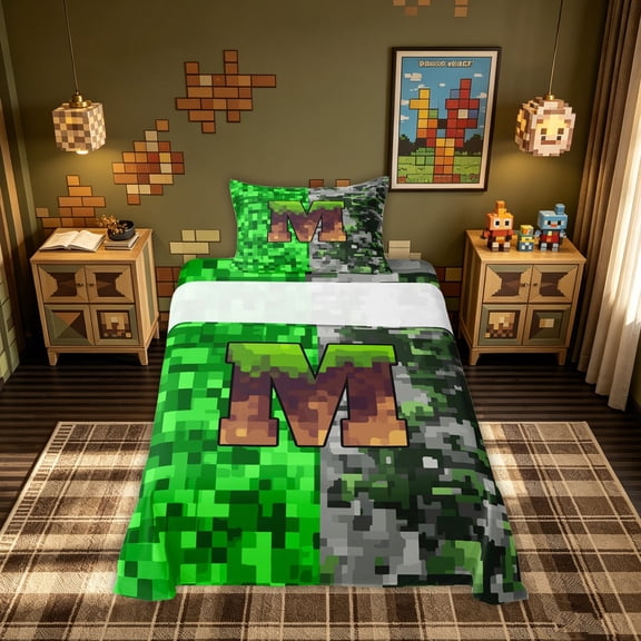 meiyoeat Pixel Grass M Initial Twin Sheets for Boys, Gamer Block Monogram Bedding, Green Brown, Gamepad Reversible, 1 Flat Sheet, 1 Fitted Sheet and 1 Pillowcase