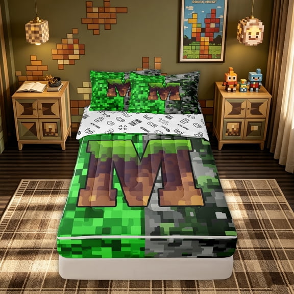 meiyoeat Pixel Grass M Initial Zipper Comforter Set with Fitted Sheet and 2 Pillowcases for Boys, Gamer Block Monogram Zipper Bedding Set, Green Brown, Gamepad Reversible, 3-Piece