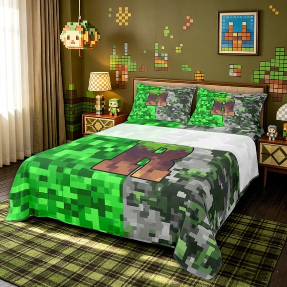 meiyoeat Pixel Grass R Initial Bed Sheets for Boys, Gamer Block Monogram Full Size Sheets, Green Brown, Gamepad Reversible, 1 Flat Sheet, 1 Fitted Sheet and 2 Pillowcases