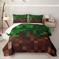 thumbnail image 1 of meiyoeat Pixel Grid Miners Quilt King for Boys Girls, Gaming Pixelated Blocks King Coverlet Set for Dorm, Green Brown, 3 Pieces, 1 of 7