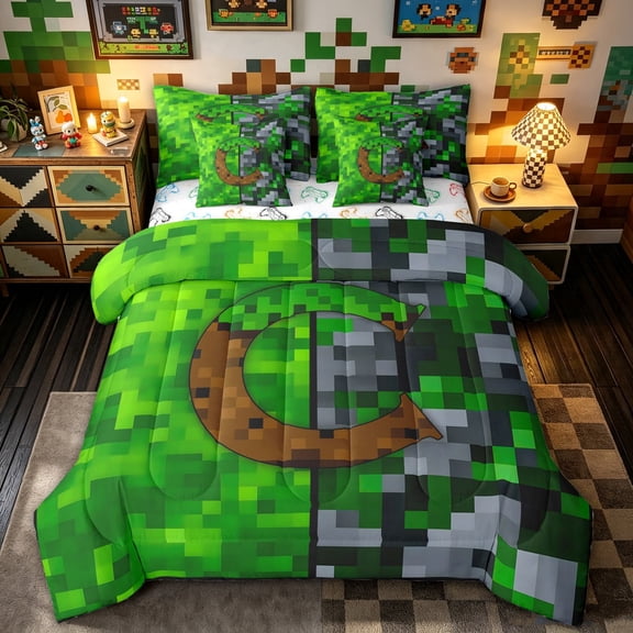 meiyoeat Pixel Grid Miners Twin Bedding for Girls Boys, Initial C Letter Bedding Comforter Set, Green Brown, Gamepad Reversible, 7 Pieces