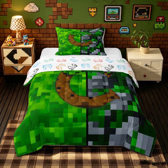 meiyoeat Pixel Grid Miners Twin Comforter Sets for Girls Boys, Initial C Letter Bedding Set, Green Brown, Gamepad Reversible, 2 Pieces, 1 Comforter and 1 Pillowcase