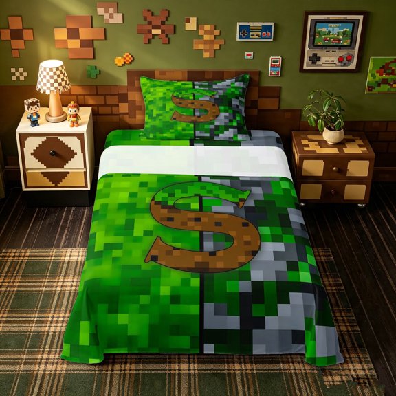 meiyoeat Pixel Grid Miners Twin Sheets for Girls Boys, Initial S Letter Bedding, Green Brown, 3pcs, 1 Flat Sheet, 1 Fitted Sheet and 1 Pillowcase