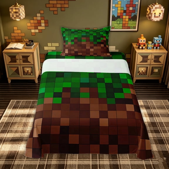 meiyoeat Pixel Grid Miners Twin Sheets for Kids, Gaming Pixelated Blocks Bedding for Dorm, Green Brown, 3 Pieces