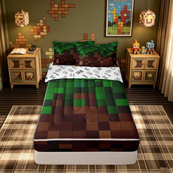 meiyoeat Pixel Grid Miners Zipper Twin Comforter Sets with Fitted Sheet and 2 Pillowcases for Kids, Gaming Pixelated Blocks Zipper Bedding Set for Dorm, Green Brown, Gamepad ReversibleB