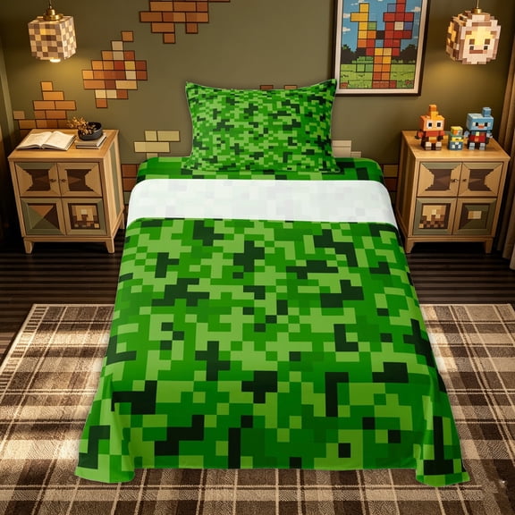 meiyoeat Pixel Pixel Grid Miners Twin Sheets for Kids Boys, Green Game Block Bedding, 3 Pieces