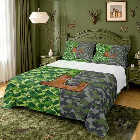 meiyoeat Pixel Themed Monogram L Queen Sheets For Boys,Plaid Buffalo Pattern Queen Sheet Sets,4-Piece,1 Flat Sheet,1 Fitted Sheet And 2 Pillowcases