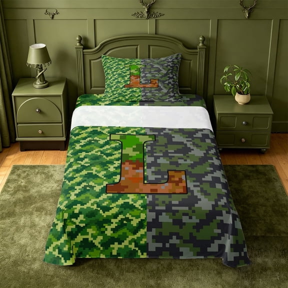 meiyoeat Pixel Themed Monogram L Twin Sheets For Boys,Plaid Buffalo Pattern Bedding,3 Pieces,1 Fitted Sheet and 1 Pillowcase