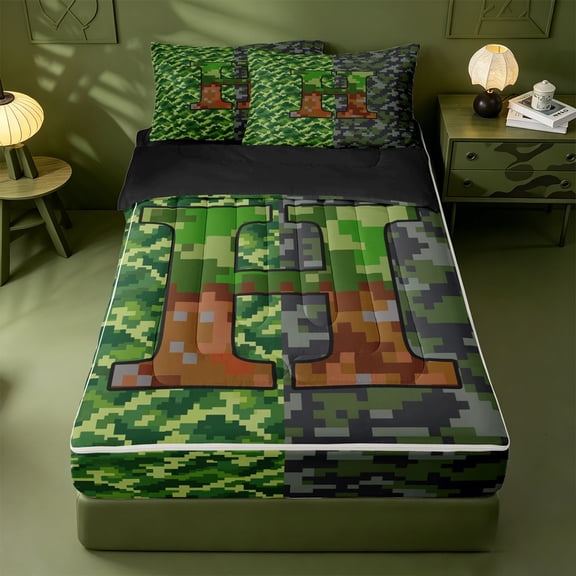 meiyoeat Pixelated Miners Style Monogram Zipper Twin Comforter Sets with Fitted Sheet and 2 Pillowcases For Boys,Boys Gamepad Game Theme Zipper Bedding Set,Black Reversible,4 Pieces