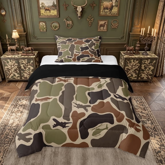 meiyoeat Plane Camo Twin Comforter Sets for Boys, Rustic Camouflage Bedding Set for Kids, Green, Black Reversible, 2 Pieces, 1 Comforter and 1 Pillowcase