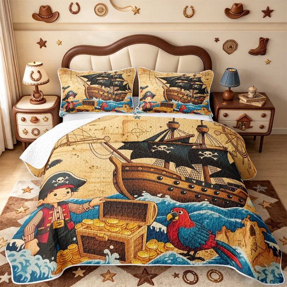 meiyoeat Playful Pirate Scene Twin Quilt Set,Vintage Ocean Ship Treasure Twin Coverlet Set For Boys,Multicolor Beige,2pcs,1 Bedspread and 1 Pillowcase