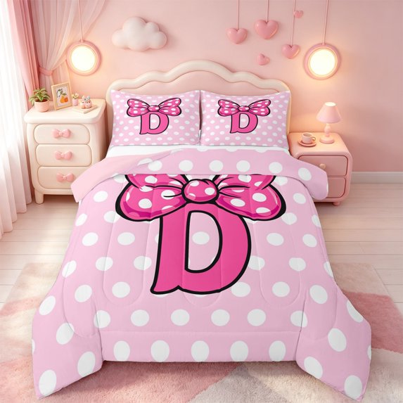 meiyoeat Polka Dot Bow Monogrammed D Full Size Comforter Sets For Girls,Pink Cute Initial Design Bedding Comforter Set,Pink Reversible,3 Pieces,1 Comforter and 2 Pillowcases