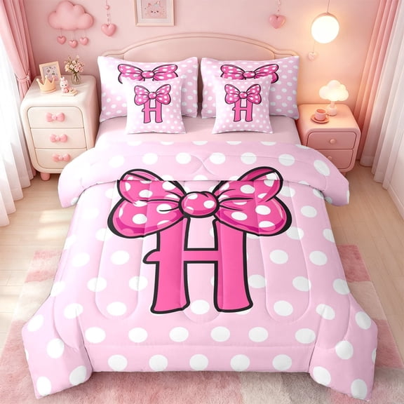 meiyoeat Polka Dot Letter Monogram 7-Piece Twin Bedding For Girls,Cute Coquette Bow Bedding Comforter Set,Pink Reversible