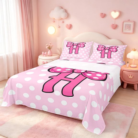meiyoeat Polka Dot Letter Monogram Bed Sheets For Girls,Cute Coquette Bow Full Size Sheets,4-Piece1 Flat Sheet, 1 Fitted Sheet and 2 Pillowcases