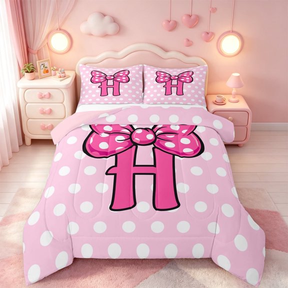 meiyoeat Polka Dot Letter Monogram Full Size Comforter Sets For Girls,Cute Coquette Bow Bedding Comforter Set,Pink Reversible,3-Piece,1 Comforter and 2 Pillowcases