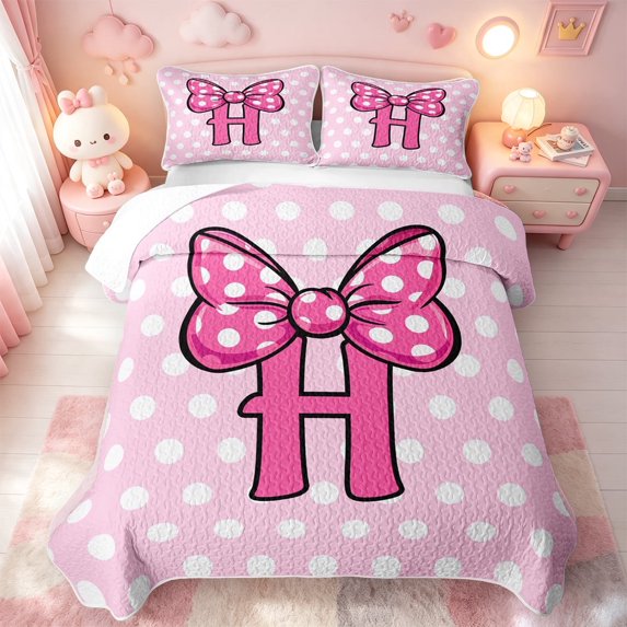 meiyoeat Polka Dot Letter Monogram Quilt Full For Girls,Cute Coquette Bow Full Bedspread Sets,3-Piece,1 Coverlet and 2 Pillowcases