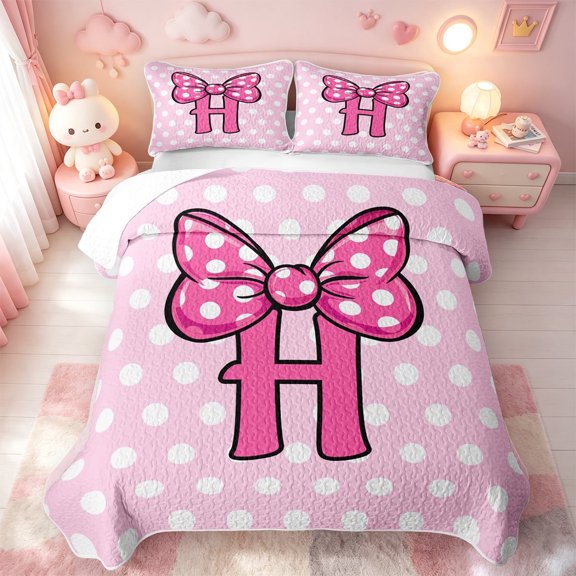 meiyoeat Polka Dot Letter Monogram Quilt Full For Girls,Cute Coquette Bow Full Bedspread Sets,3-Piece,1 Coverlet and 2 Pillowcases
