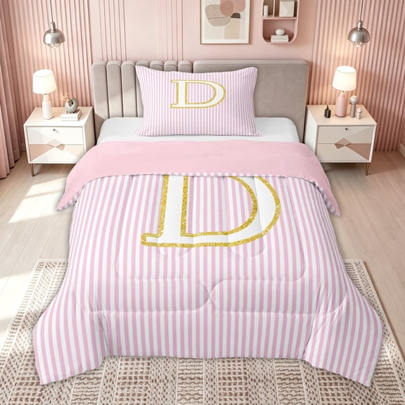 meiyoeat Preppy Letter D Twin Comforter Sets for Kids Girls Women, Gold Glitter Bedding Set for Bedroom, Pink Reversible, 2pcs