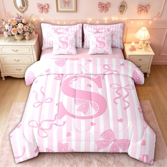 meiyoeat Princess Bow Initial S Twin Bedding for Girls, Pink Stripe Lines Bedding Comforter Set, Pink Reversible, 7 Pieces