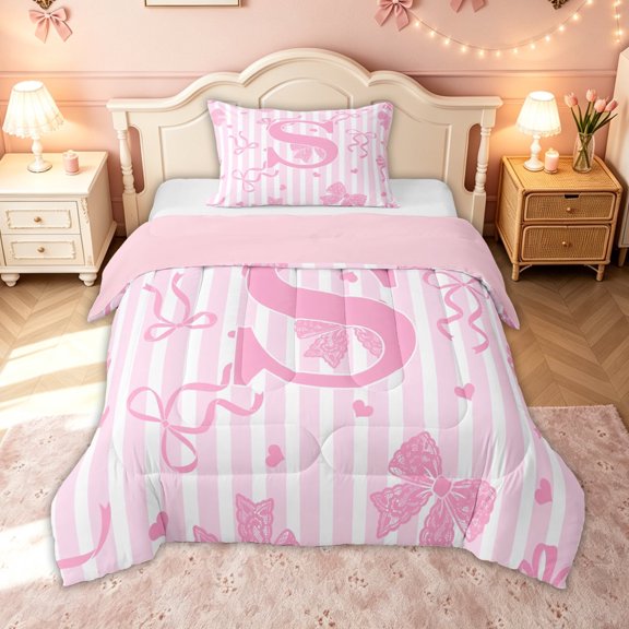 meiyoeat Princess Bow Initial S Twin Comforter Sets for Girls, Pink Stripe Lines Bedding Set, Pink Reversible, 2 Pieces, 1 Comforter and 1 Pillowcase