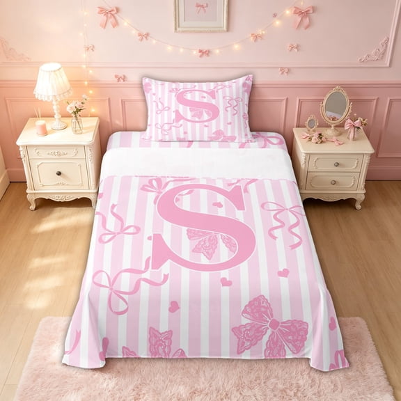 meiyoeat Princess Bow Initial S Twin Sheets for Girls, Pink Stripe Lines Bedding, 3 Pieces, 1 Flat Sheet, 1 Fitted Sheet and 1 Pillowcase