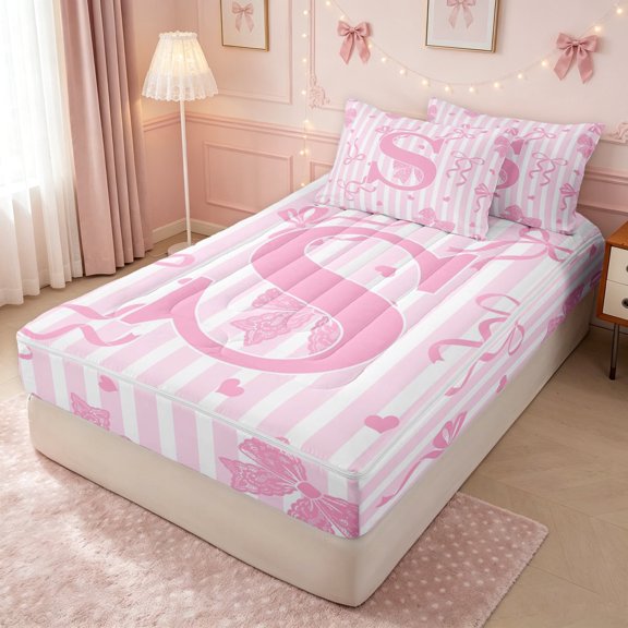 meiyoeat Princess Bow Initial S Zipper Twin Comforter Sets with Fitted Sheet and 2 Pillowcases for Girls, Pink Stripe Lines Zipper Bedding Set, Pink Reversible, 4 Pieces