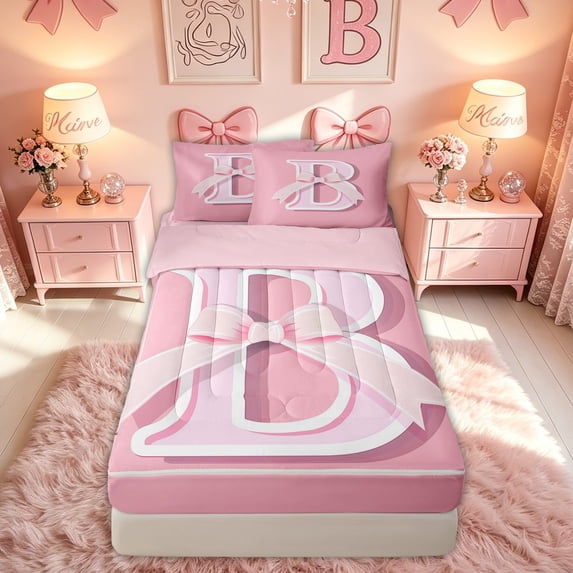 meiyoeat Princess Letter B Print Zipper Full Size Comforter Sets with Fitted Sheet and 2 Pillowcases for Kids Girls, Girly Bow Monogram Zipper Bedding Set, Pink, Pink ReversibleG