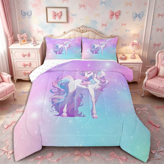 meiyoeat Princess Unicorn King Size Comforter Sets 3pcs,Dreamy Gradient Starry Sky Comforters King Size,Blue Purple Pink,Reversible,1 Comforter and 2 Pillowcases