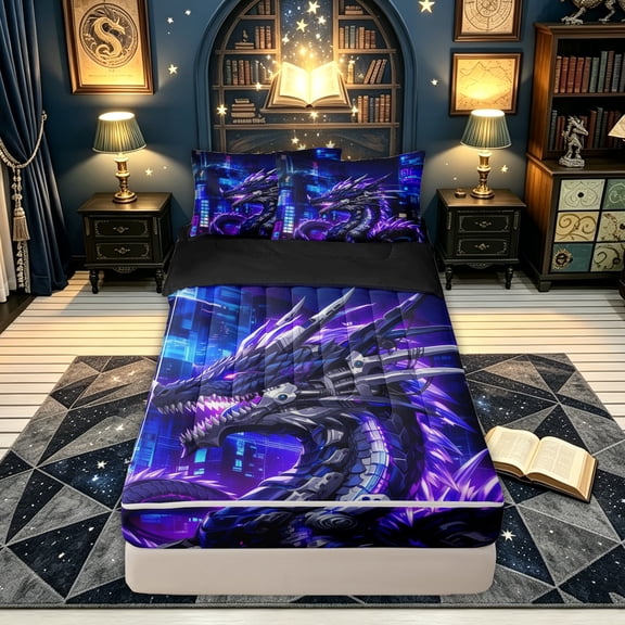 meiyoeat Purple Blue Dragon Zipper Comforter Set with Fitted Sheet and 2 Pillowcases for Boys, Modern City Animal Zipper Bedding Set, Purple Blue, Black Reversible, 3pcs